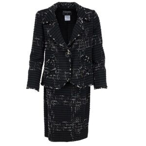 CHANEL Black/Silver Tweed Jacket Skirt Suit Size 42